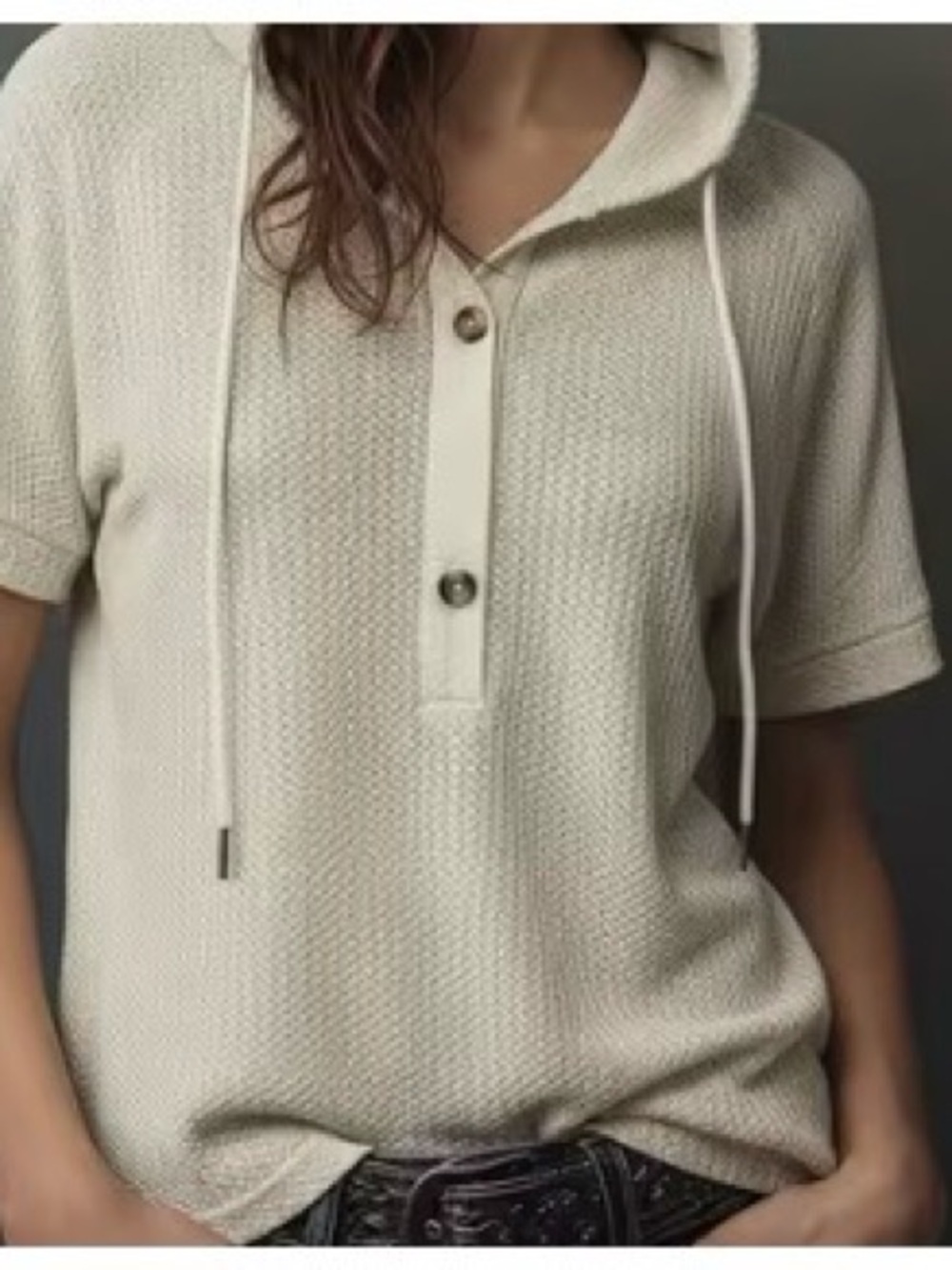 Cream Hooded Short-Sleeve Henley Top with Buttons Detail